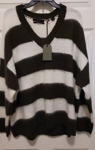 AllSaints Lou Stripe V-neck Sweater Khaki green/cream